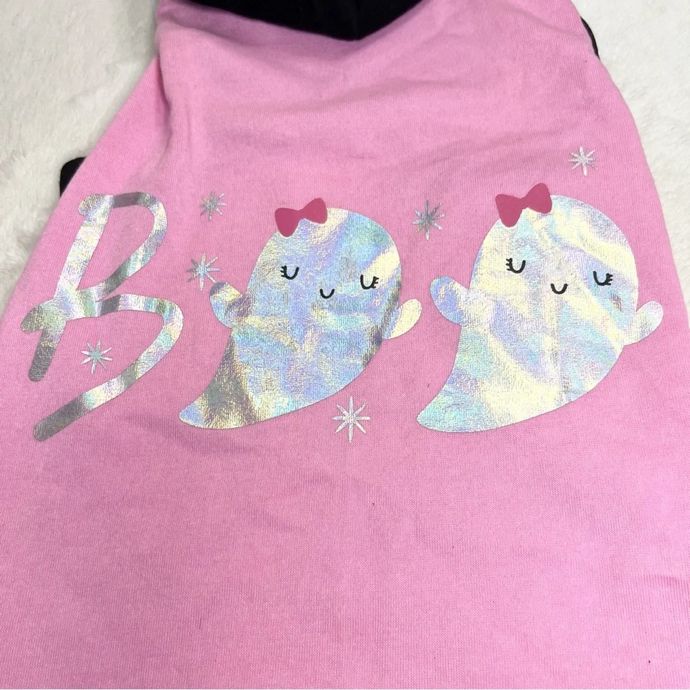 NWT Halloween Hoodie for Dogs Size Medium Pink & Black BOO! with Silver Ghosts